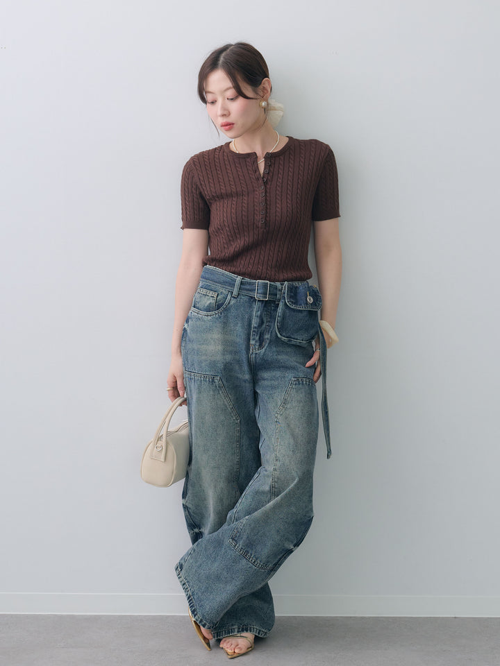 【套裝】亨利麻花半針織上衣 + 亨利麻花半針織上衣（兩件組）