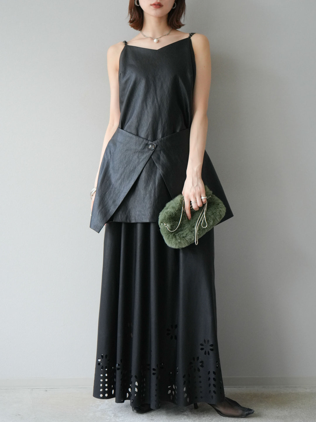 [予約]レイヤードレザーキャミソールチュニック/ブラック