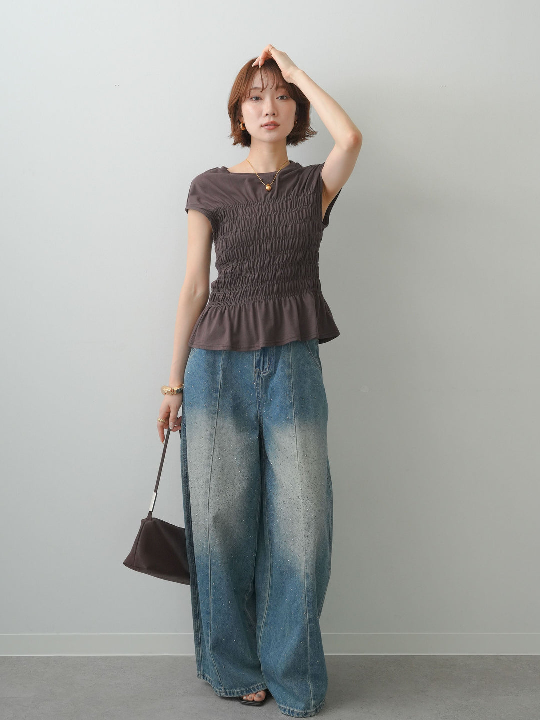 [予約]フレンチスリーブシャーリングトップス/brown