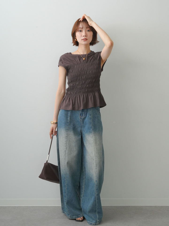 [予約]フレンチスリーブシャーリングトップス/brown