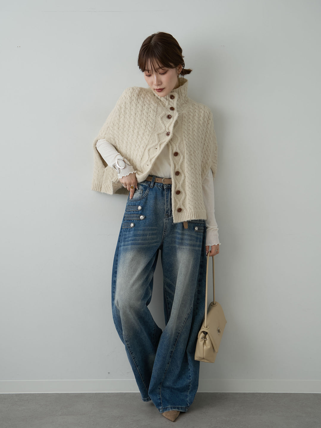 [予約]ケーブルケープニットトップス/beige