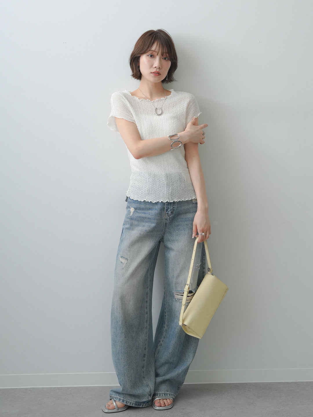 [SET]シャーリングシアーバックオープンフレンチトップス+ダメージデニムセミワイドパンツ(2set)