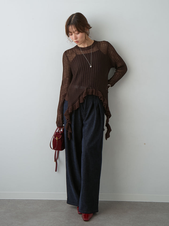 [予約]ヘムフリル透かし編みニットトップス/brown