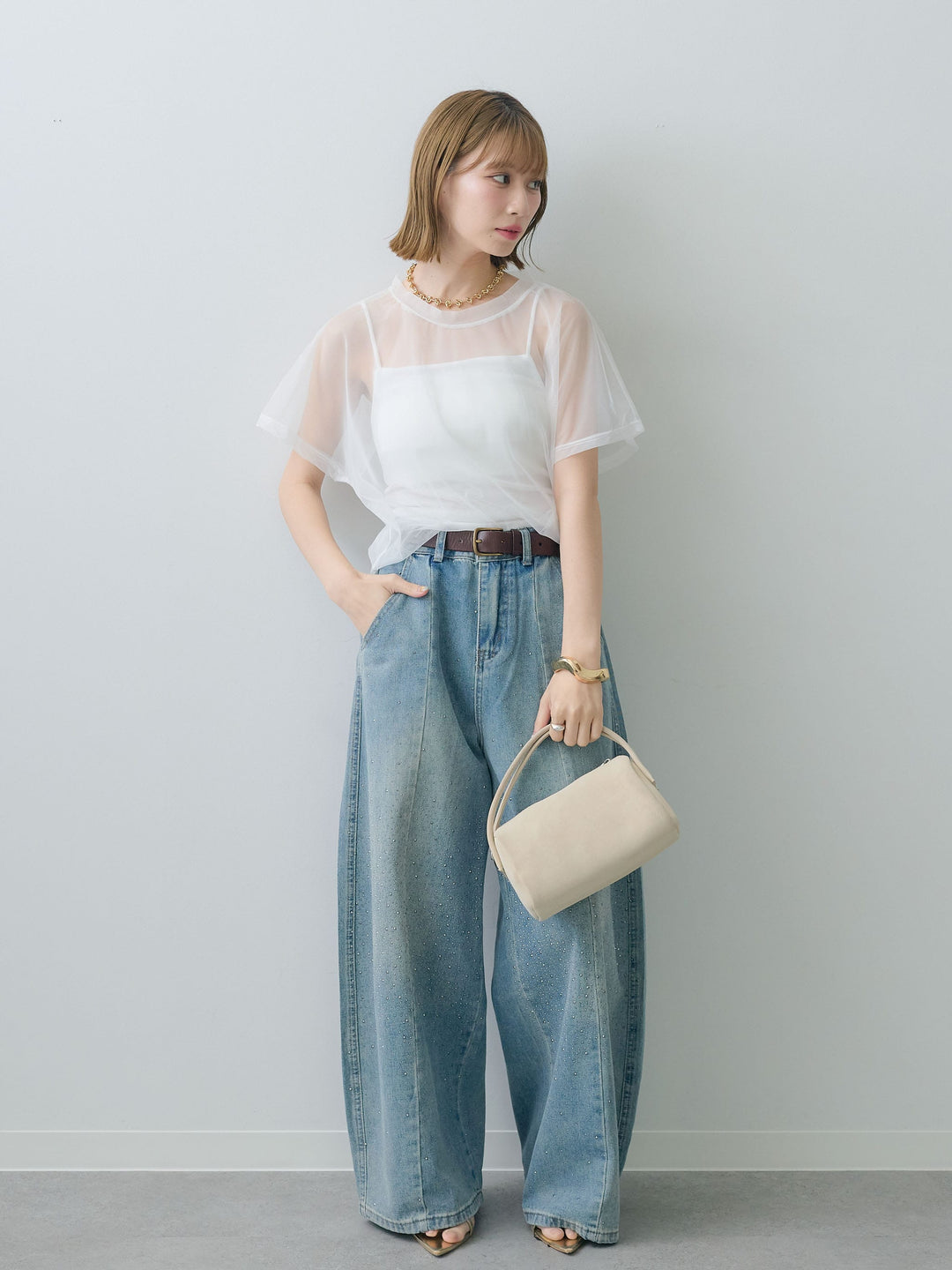 [SET]インナーキャミ付シアーオーバーTEE+フロントビジューカーブデニムパンツ(2set)