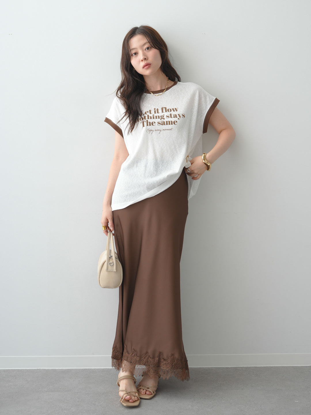 [SET]シアースラブバイカラーフレンチTEE+レースヘムサテンIラインスカート(2set)
