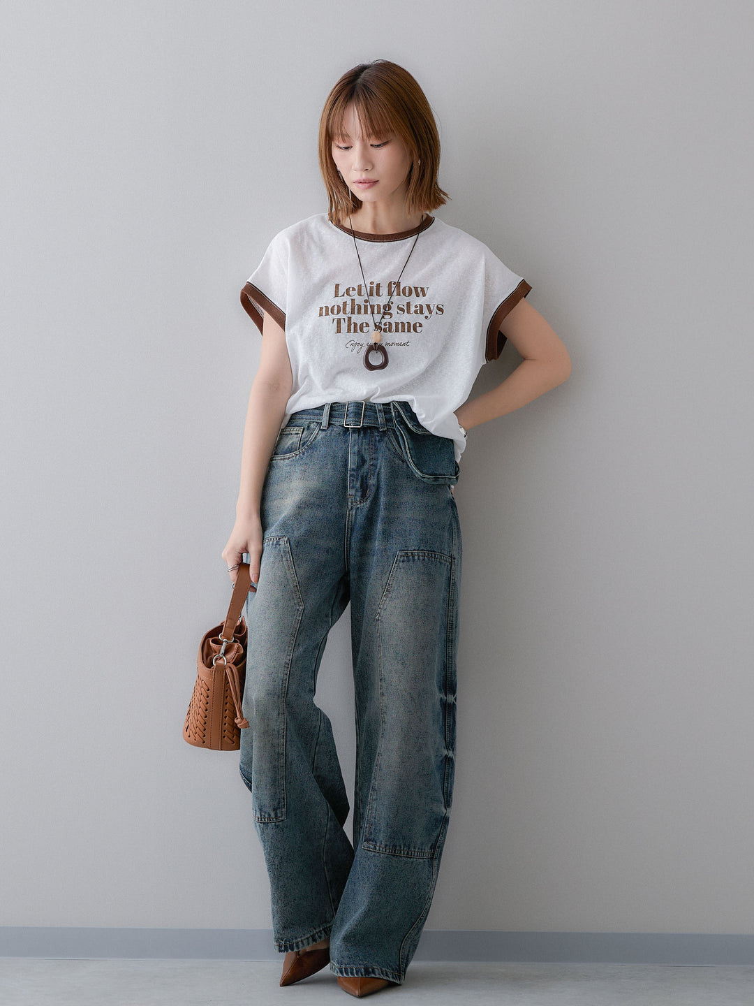 [SET]シアースラブバイカラーフレンチTEE+マルチポーチ付立体カーブデニム(2set)