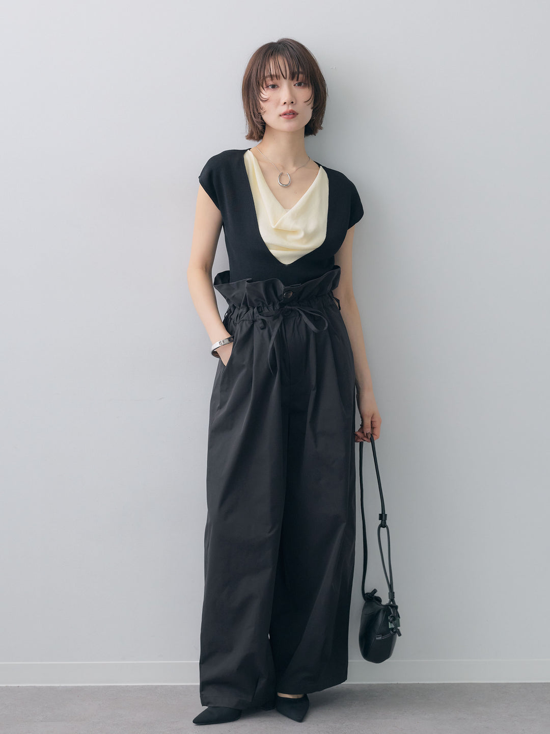 [予約]レイヤードデザインスリムフレンチニットトップス/black