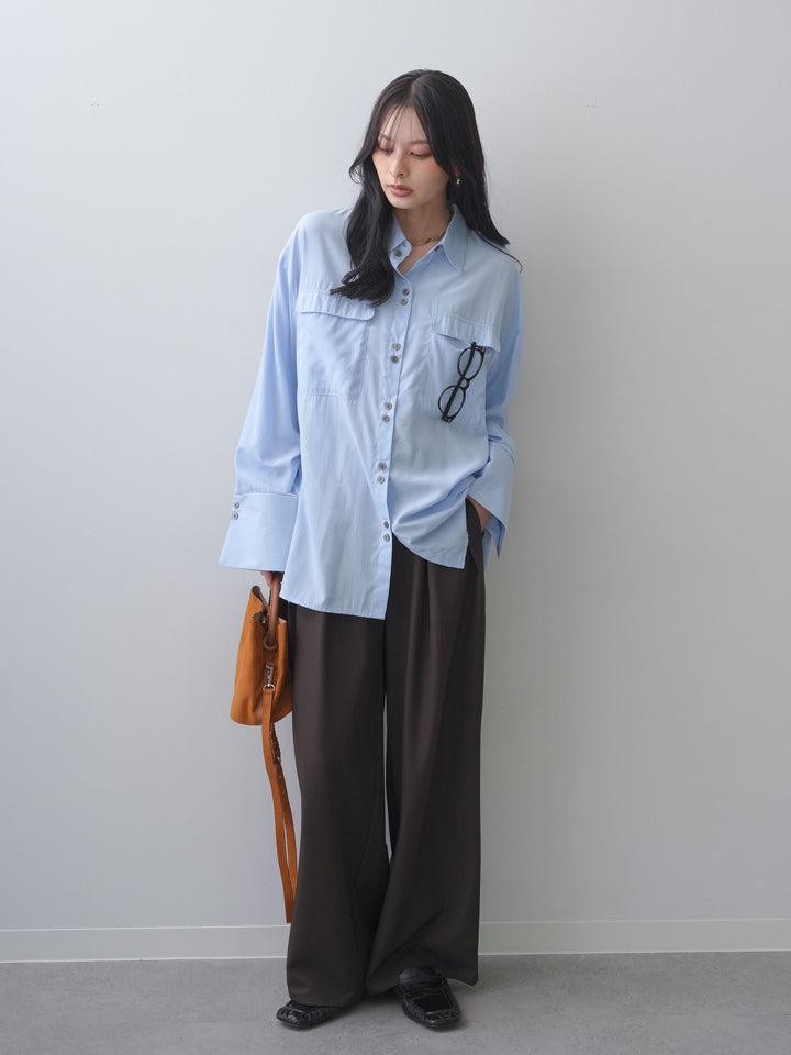 【套裝】垂褶雙口袋襯衫外套+斜紋束口寬腿褲（兩件套）