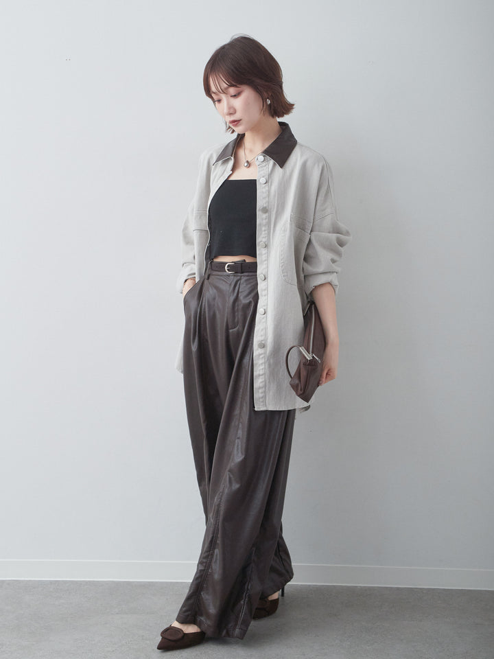 [予約]レザーカラーデザインポケットオーバーシャツ/white
