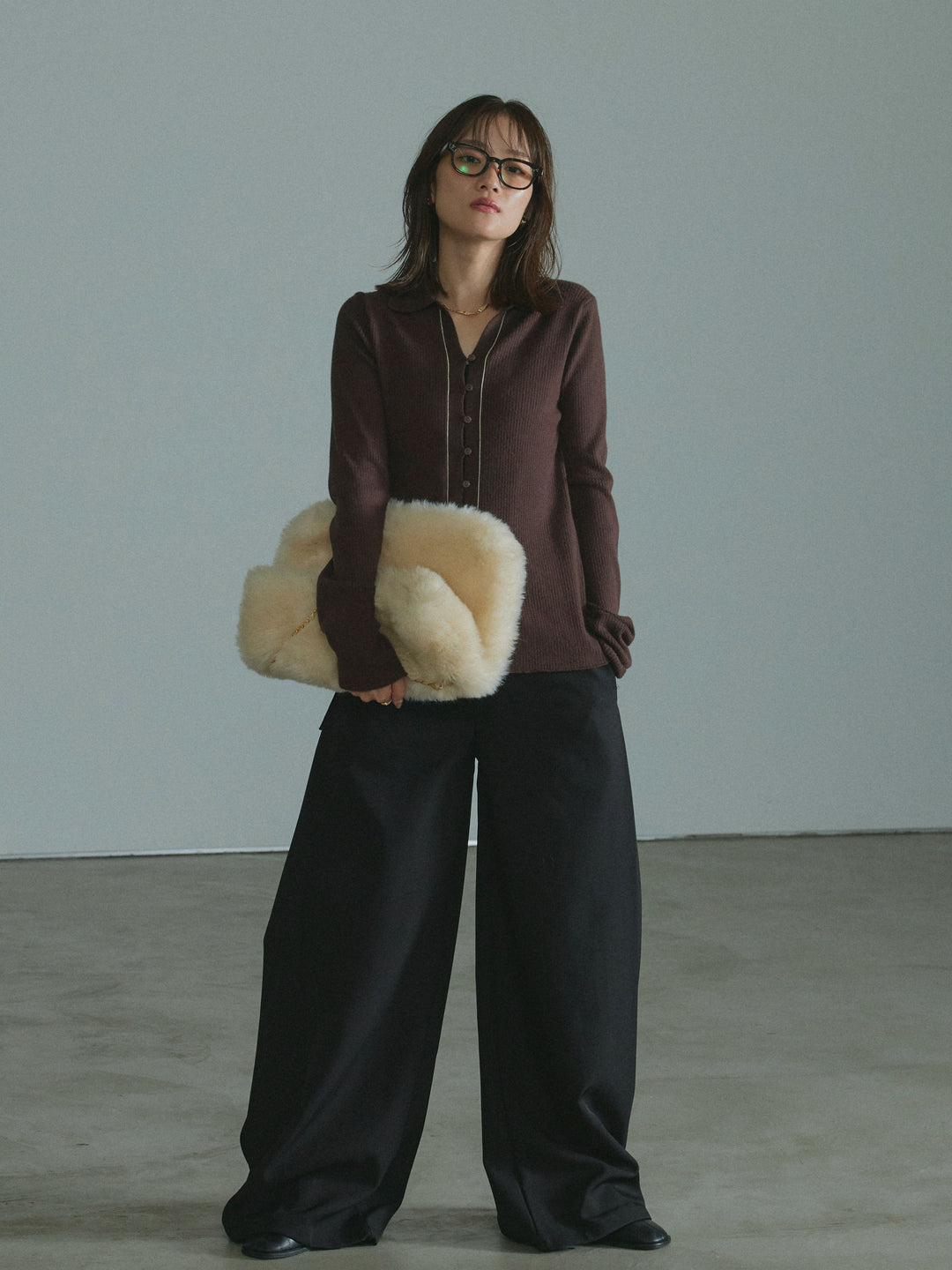 [予約]リブ配色ラインポロニットカーディガン/brown