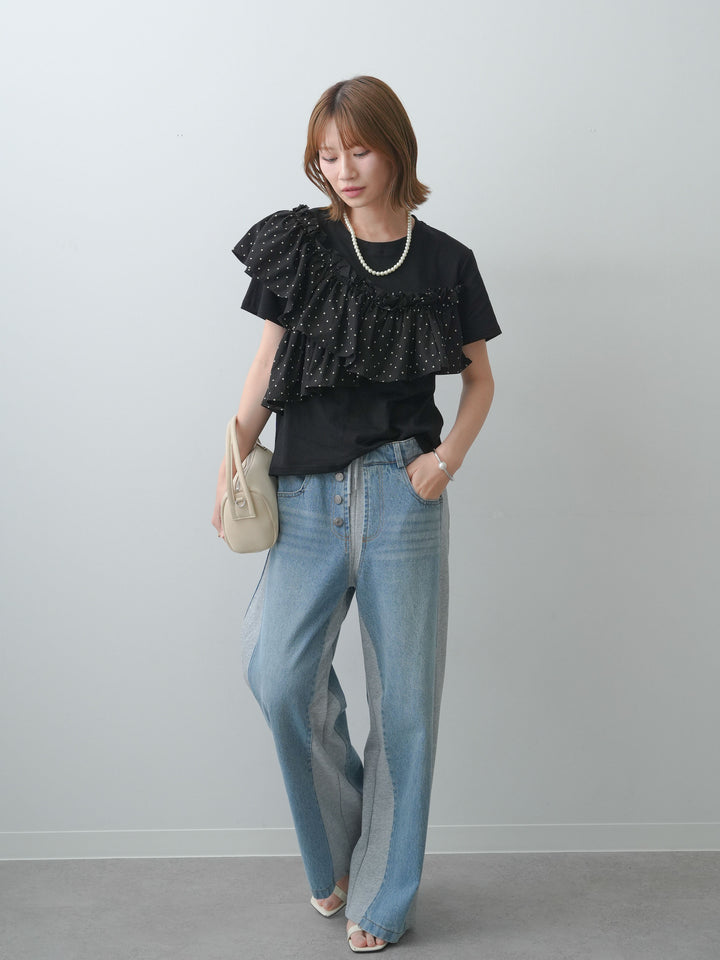 [SET]ドットギャザーフリルデザインTEE+デニム切替スウェットパンツ(2set)