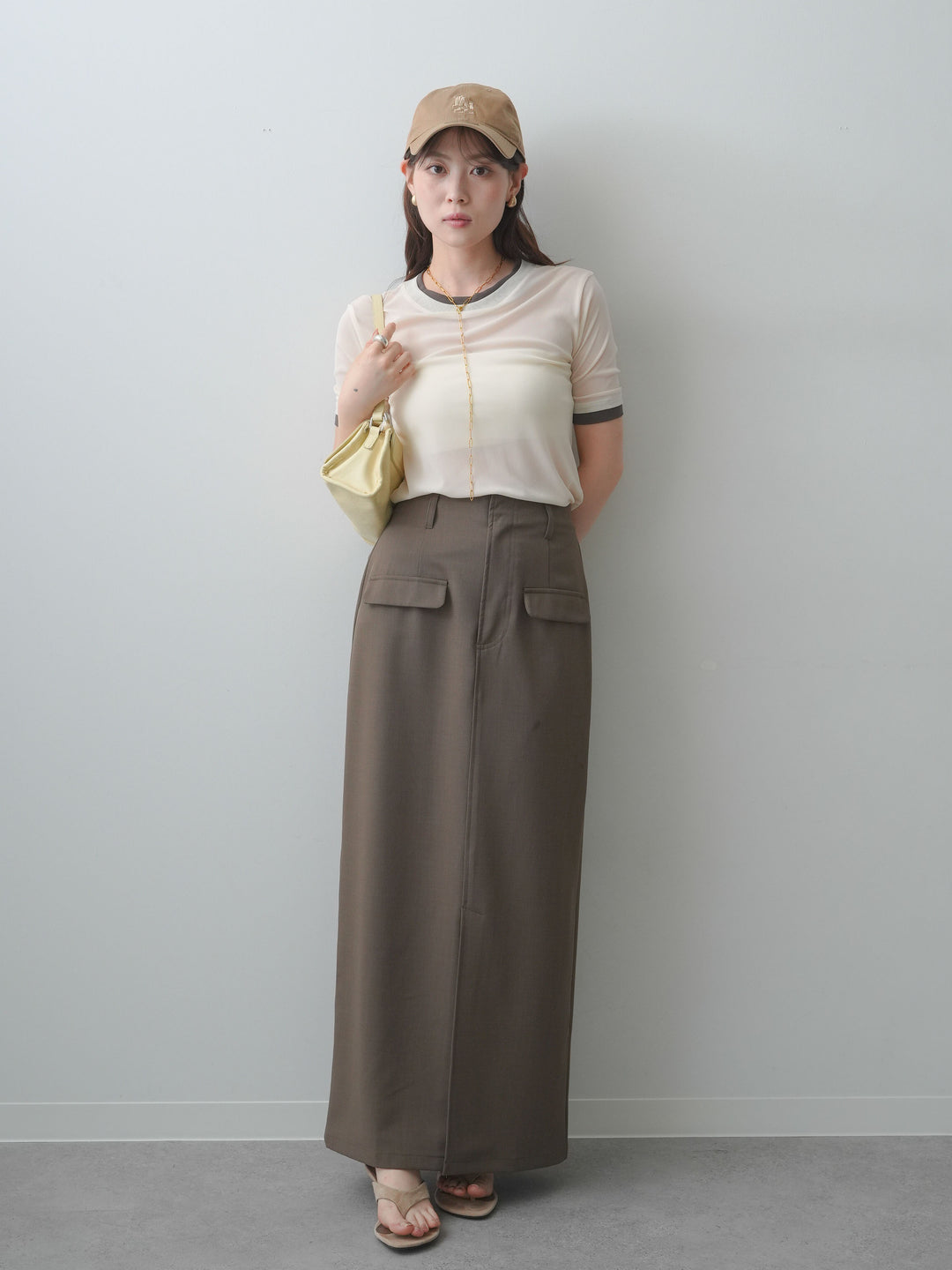 [SET]トリムレイヤードシアー半袖トップス+クレープデシンフラップ付きストレートスカート(2set)