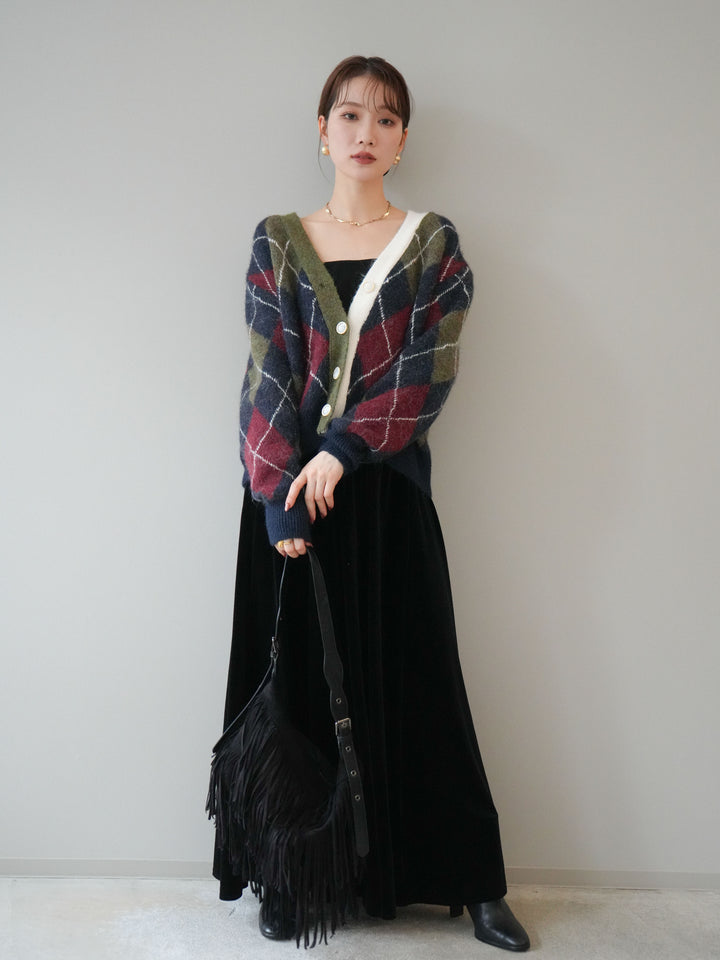 [予約]配色アーガイル柄ニットカーディガン/green