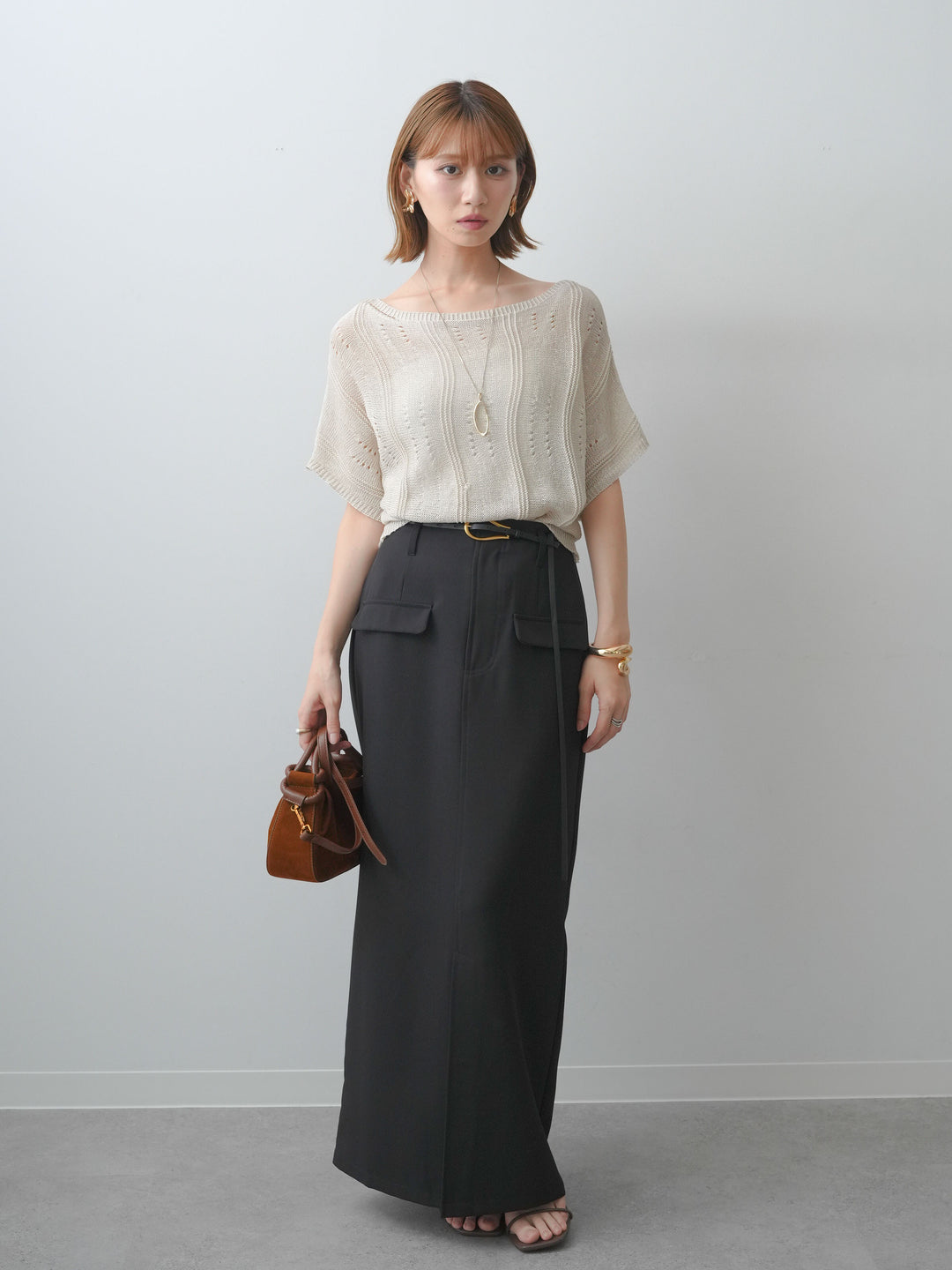 [SET]アイレットサマーニットトップス+クレープデシンフラップ付きストレートスカート(2set)