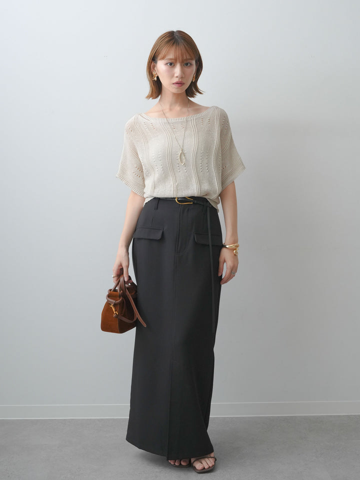 [SET]アイレットサマーニットトップス+クレープデシンフラップ付きストレートスカート(2set)
