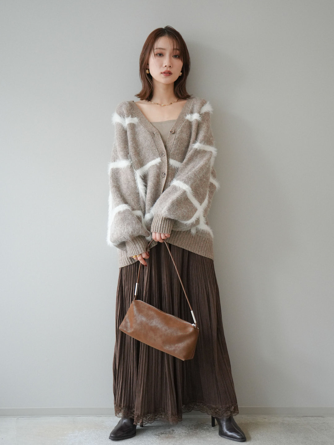 [予約]ミックスシャギーチェックカーディガン/beige