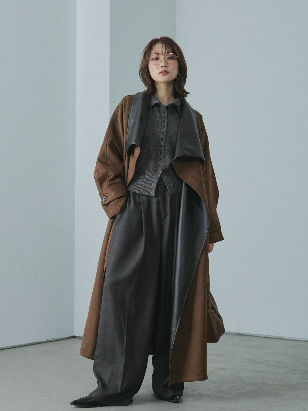 【Allure】[SET]レザーカラースウェードロングコート+レザーカラースウェードロングコート(2set)