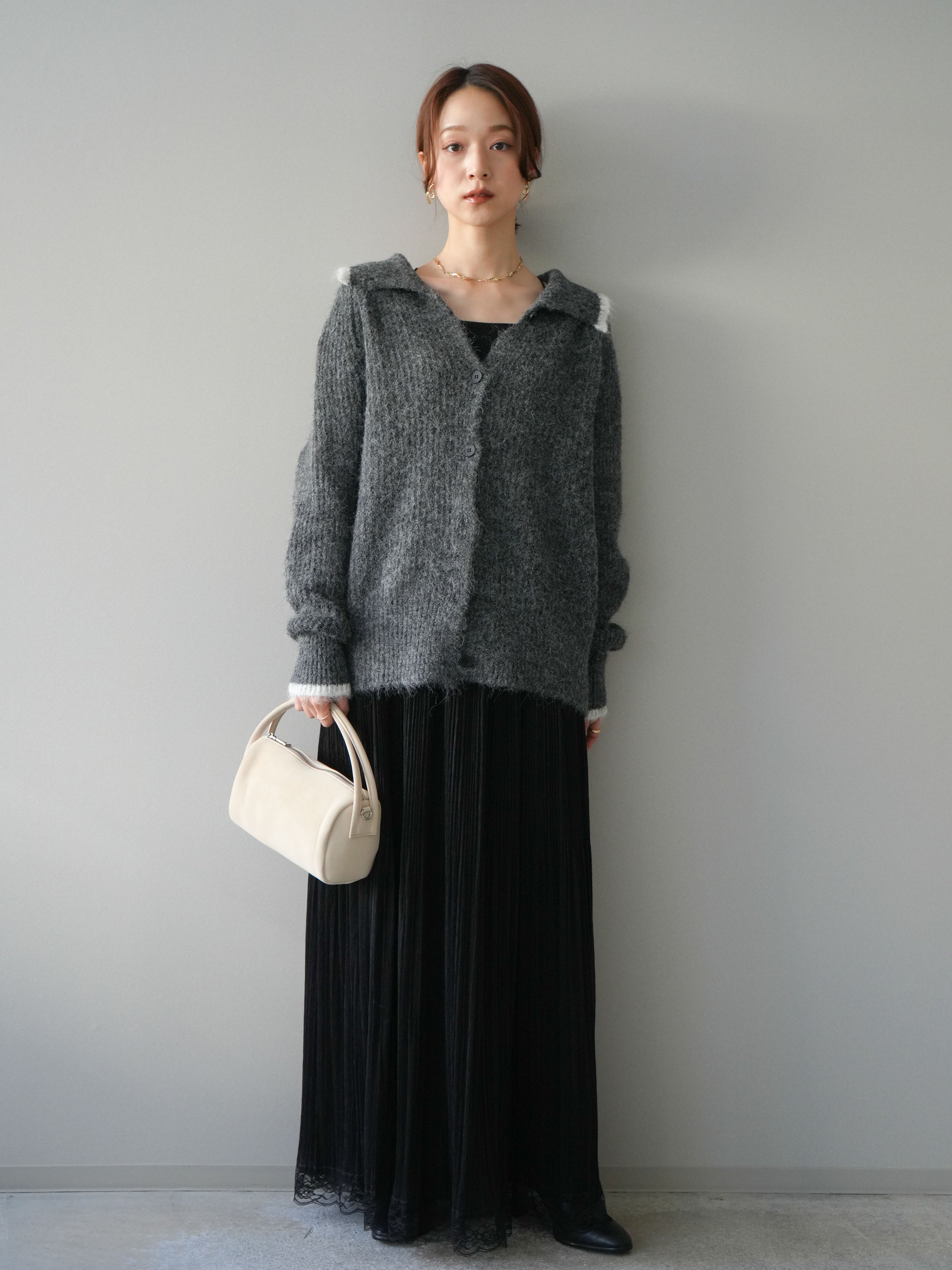 予約]襟付きバイカラーミックスニットカーディガン/gray – Lumier