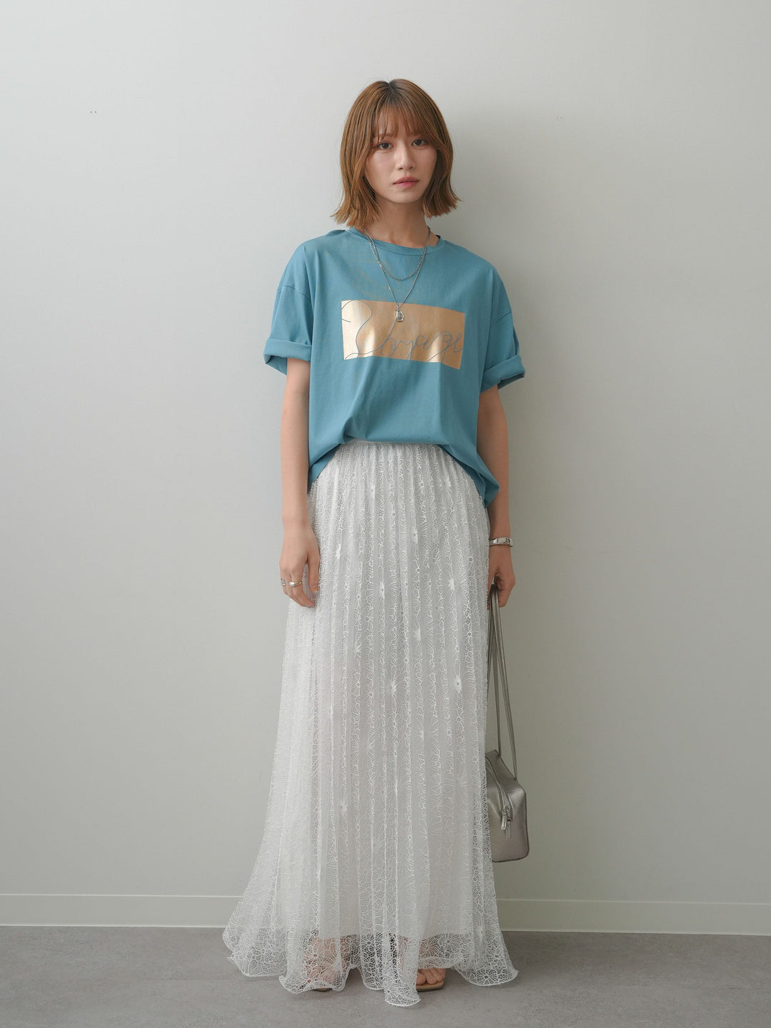 [SET]箔プリントボックスTEE+フローラルレースプリーツスカート(2set)