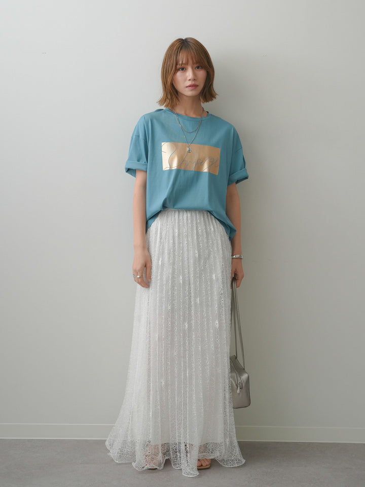 [SET]箔プリントボックスTEE+フローラルレースプリーツスカート(2set)