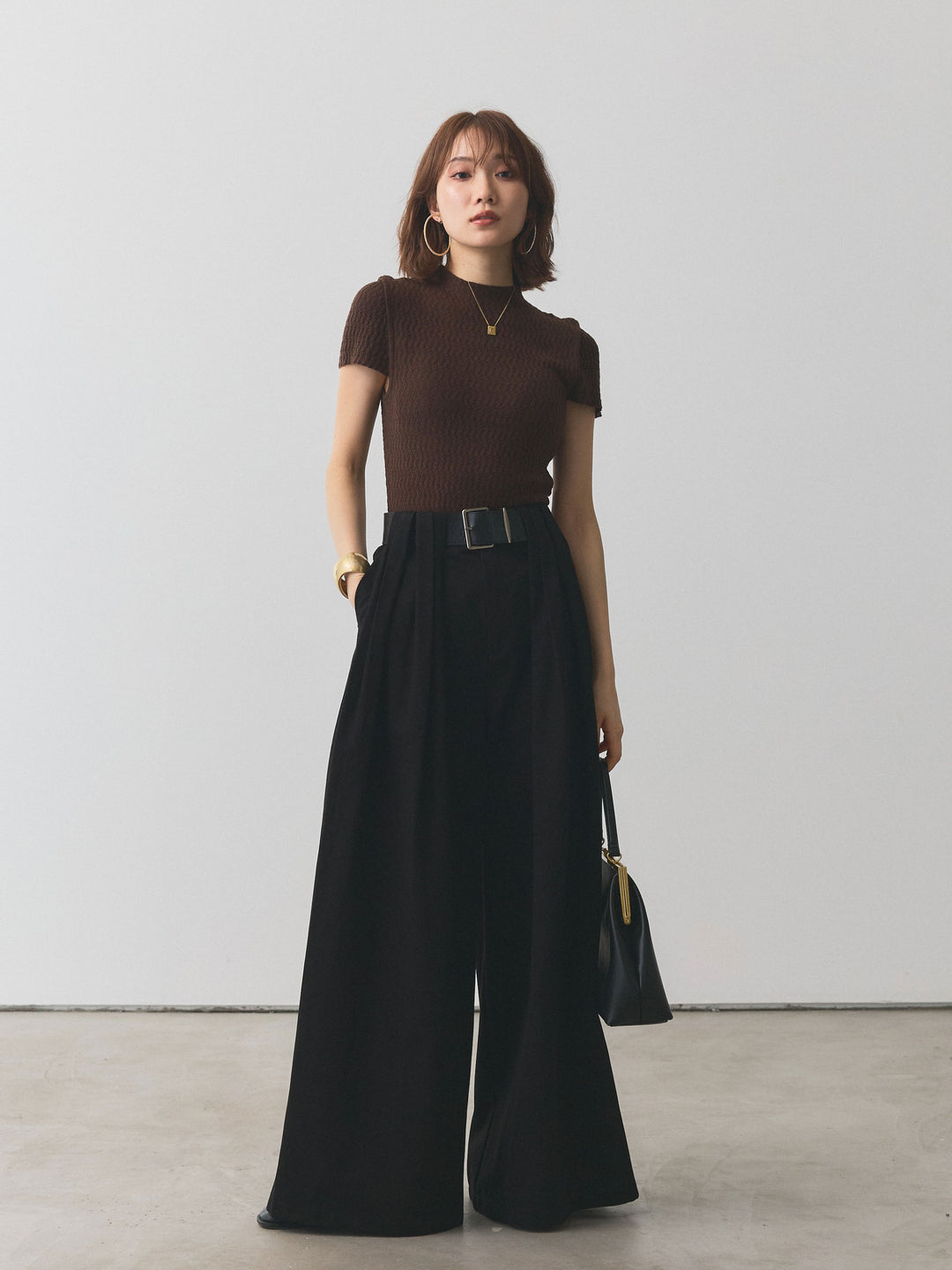 【Allure】[SET]デザインリブハーフニットトップス+ベルト付ダブルループワイドパンツ(2set)