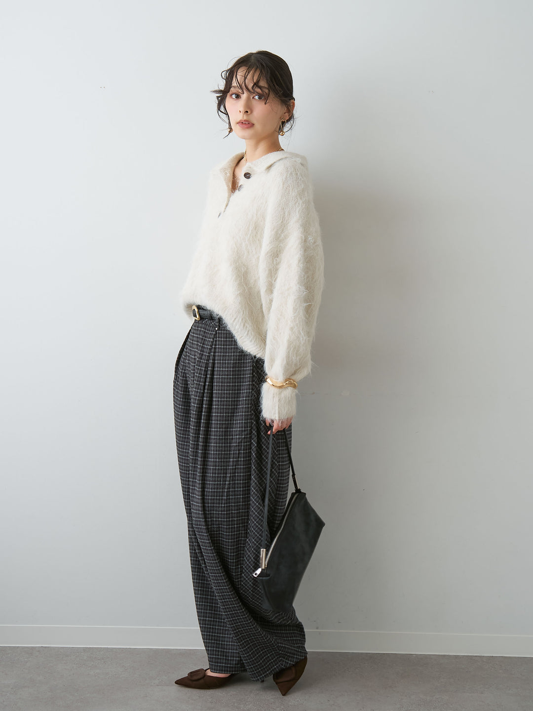 [SET]ヘンリーシャギーニットトップス+チェックタックワイドパンツ(2set)