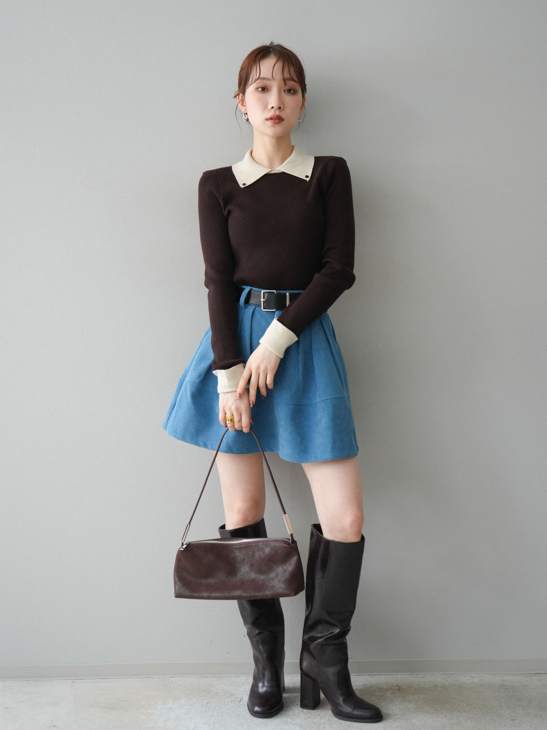 [予約]ニットカフス襟付き配色リブニットトップス/brown