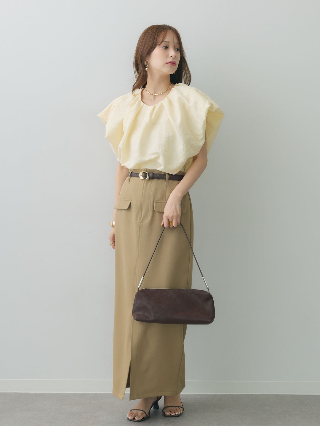 [SET]フレンチタックバルーンブラウス+クレープデシンフラップ付きストレートスカート(2set)