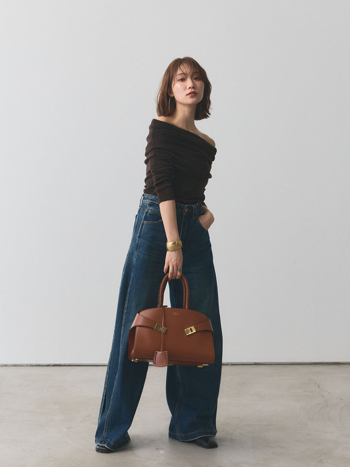 【Allure】[SET]オフショルニットトップス+サイドタックヴィンテージワイドデニム(2set)