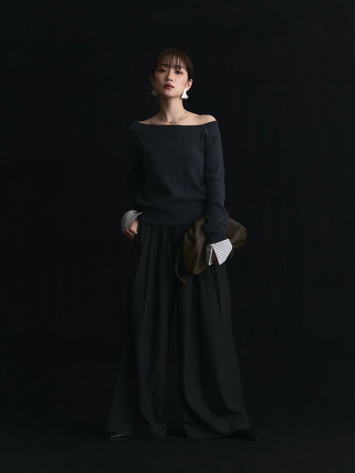 【Allure】[SET]シャツカフスフロントスリットニットプルオーバー+ウールライクストライプワイドパンツ(2set)