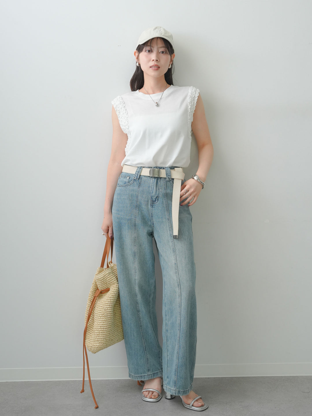 [SET]ホイップフリルフレンチTEE+センターラインワイドストレートデニム(2set)