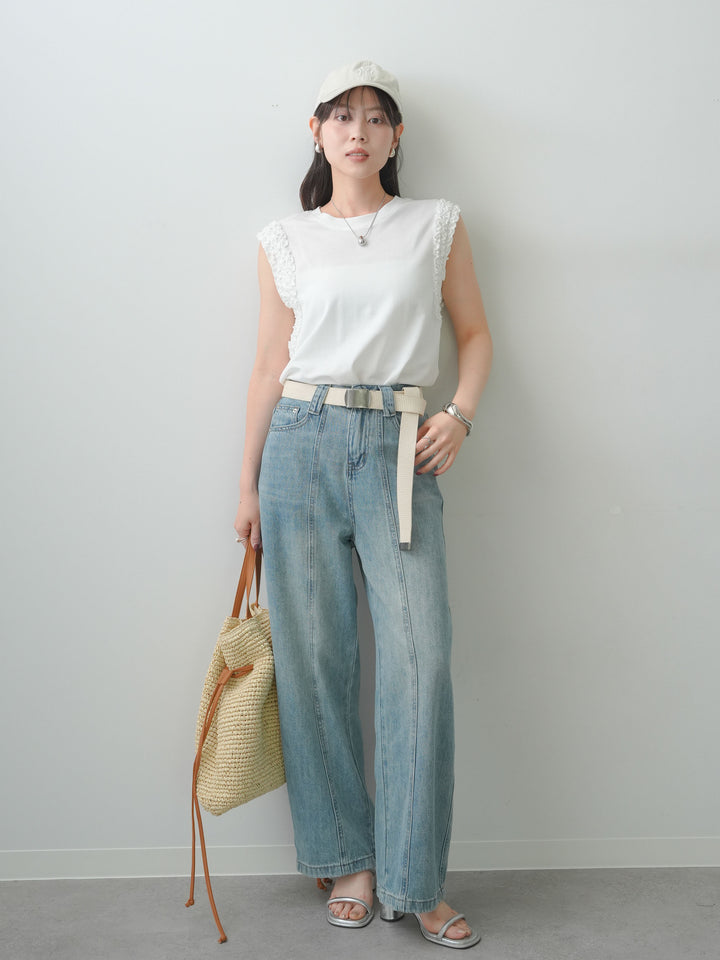 [SET]ホイップフリルフレンチTEE+センターラインワイドストレートデニム(2set)