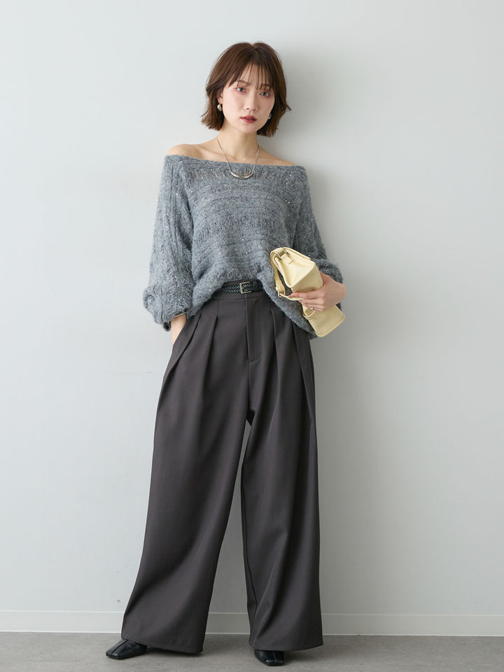 [SET]ミックス透かし編ワイドネックニットトップス+ツイルタックワイドパンツ(2set)