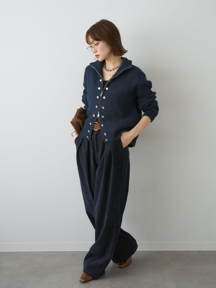 [SET]ナポレオンダブルジップニットカーディガン+ベロアデニムタックワイドパンツ(2set)
