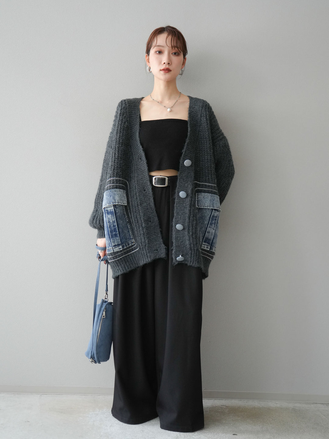 [予約]デニムポケットハンドステッチカーディガン/gray