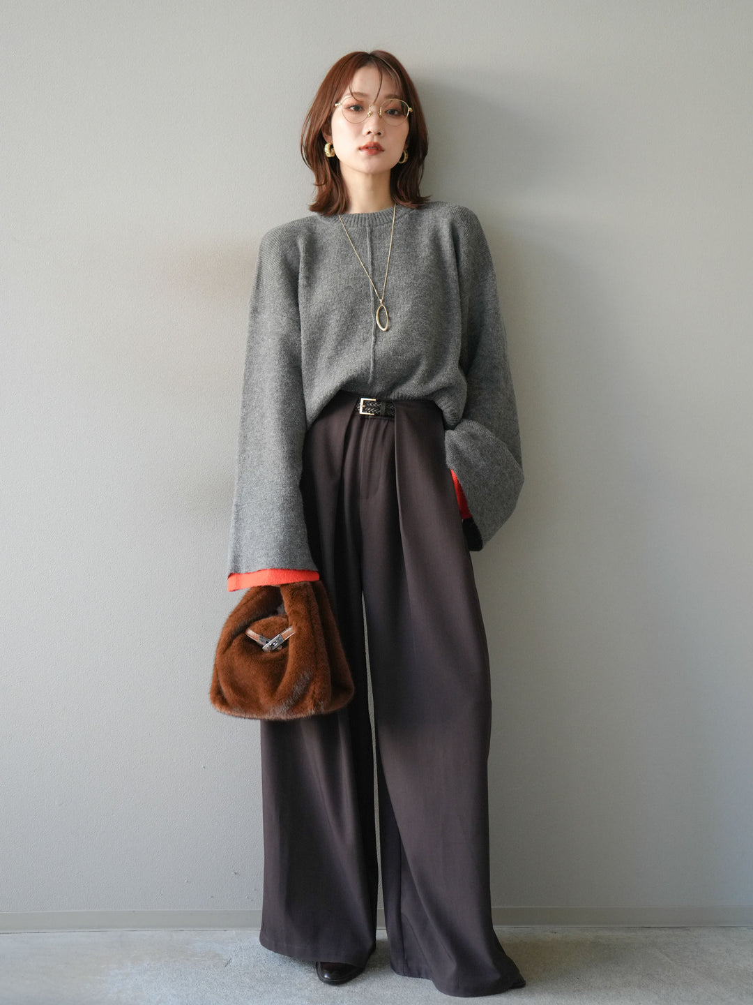 [予約]袖レイヤード配色ニットプルオーバー/charcoal