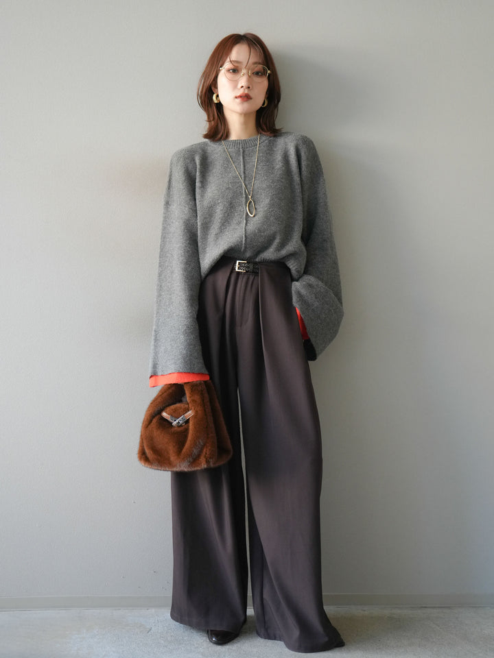 [予約]袖レイヤード配色ニットプルオーバー/charcoal