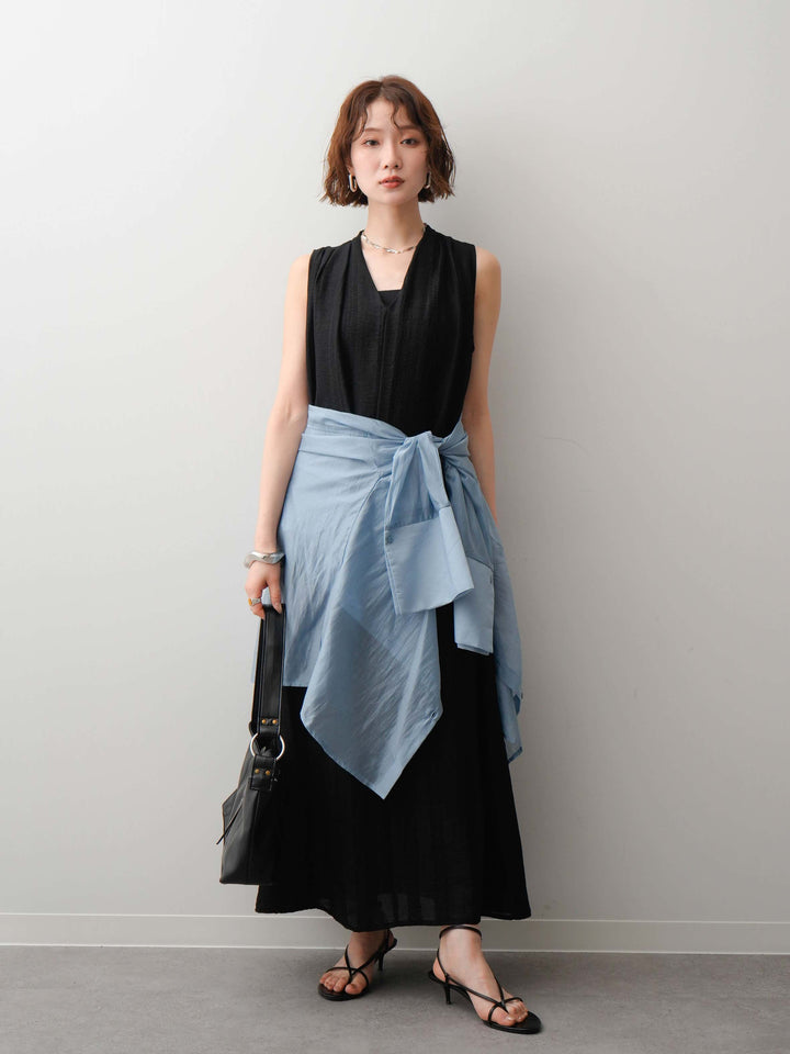 [予約]ショルダーギャザーVネックノースリワンピース/black