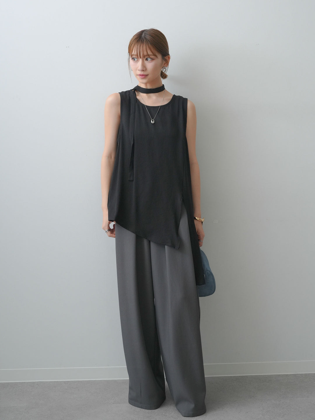 [SET]タイ付アシメヘムノースリトップス+ベルトループデザインワイドパンツ(2set)