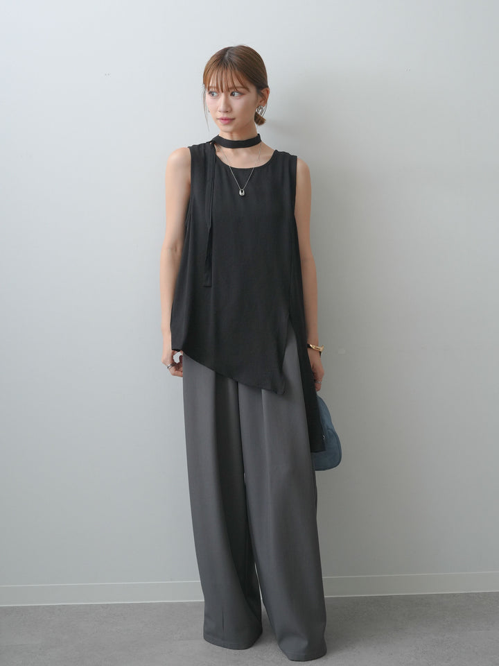 [SET]タイ付アシメヘムノースリトップス+ベルトループデザインワイドパンツ(2set)
