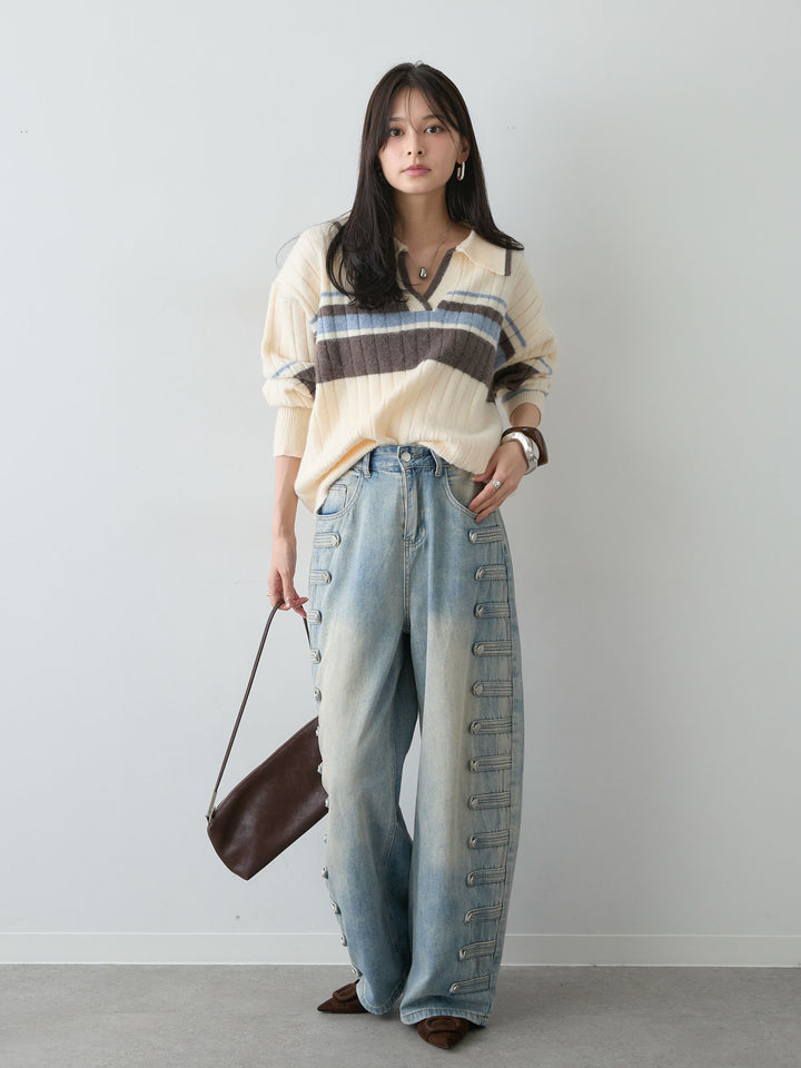 [予約]マルチボーダー起毛スキッパーニットトップス/ivory
