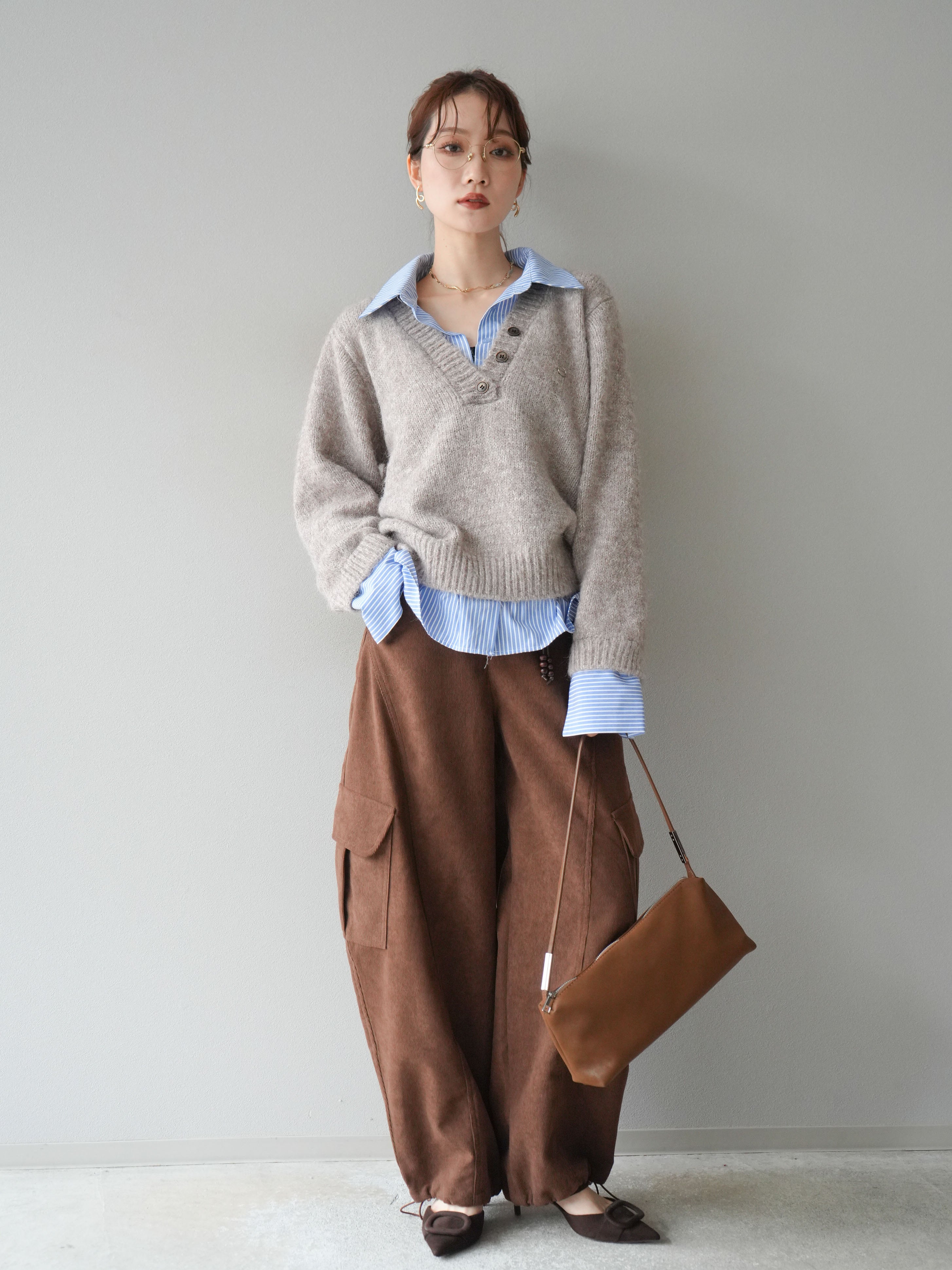 予約]ストライプシャツドッキングMIXヤーンニットプルオーバー/beige