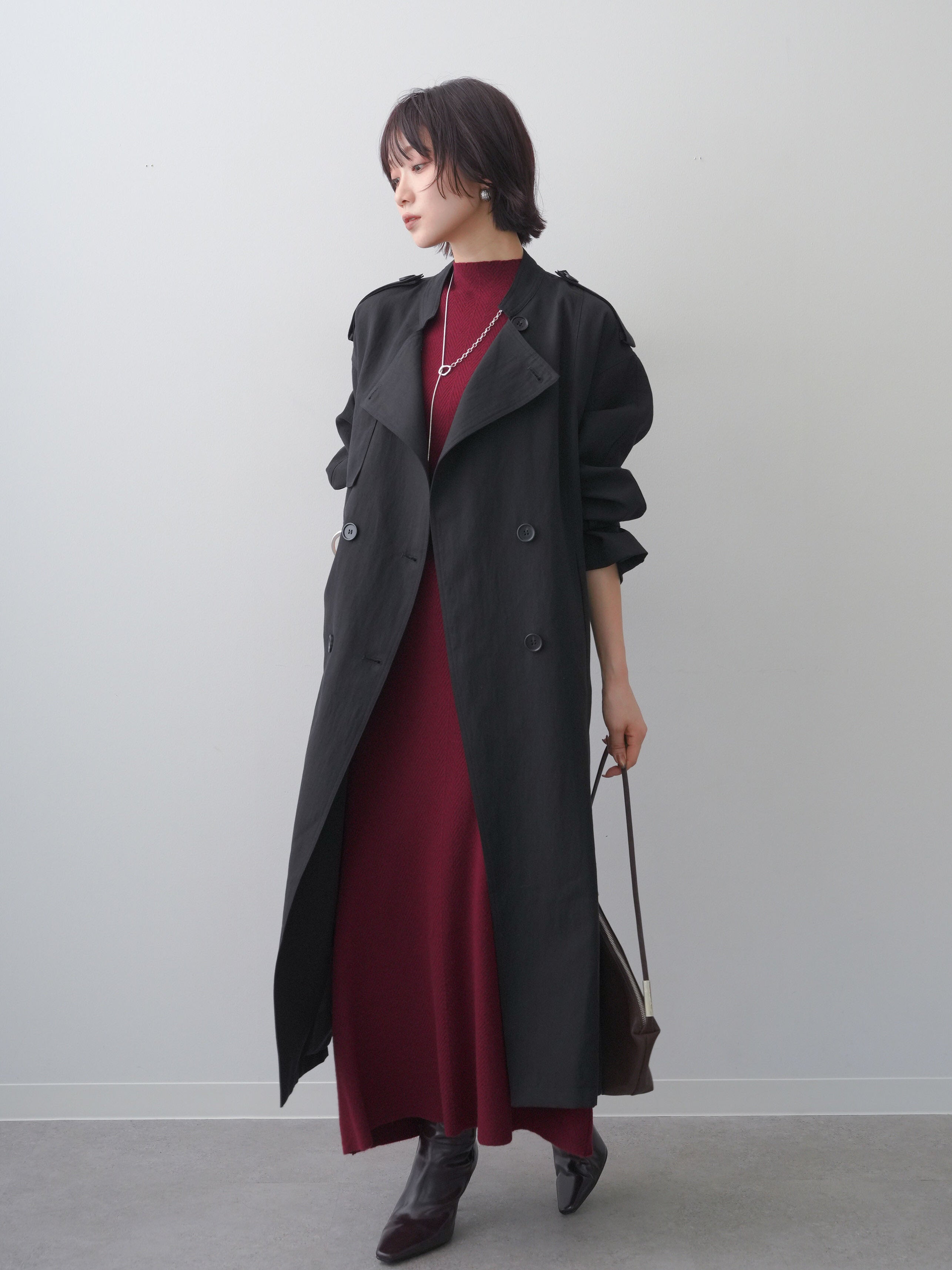 SET]ボトルネックスリムシェイプフレンチニットワンピース+ミニラペル