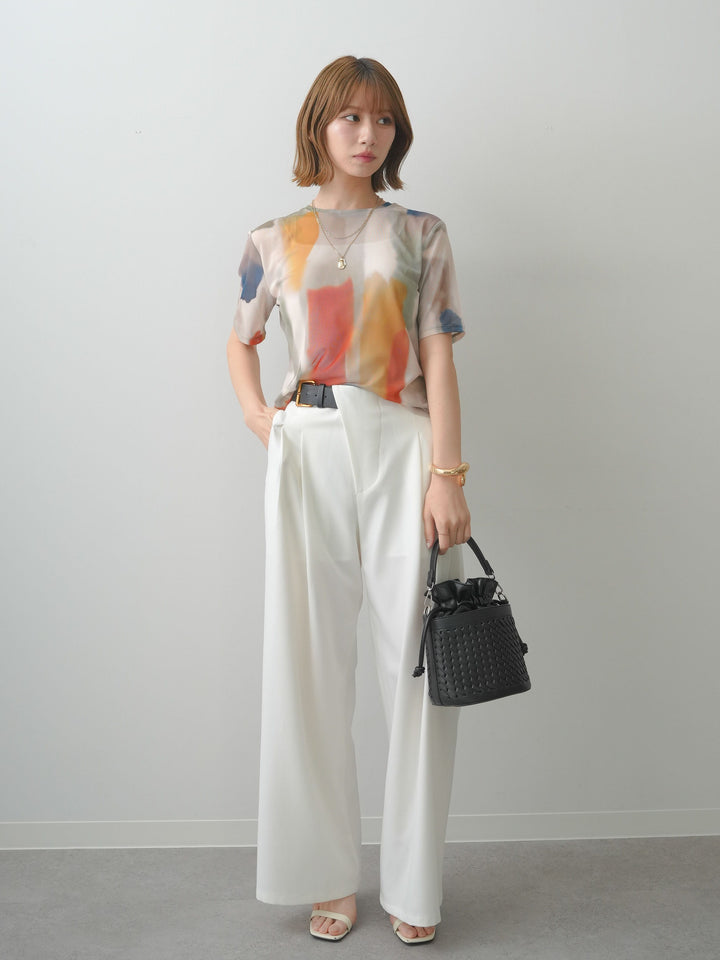 [SET]水彩アートシアーTシャツ+アシンメトリーベルトタックワイドパンツ(2set)