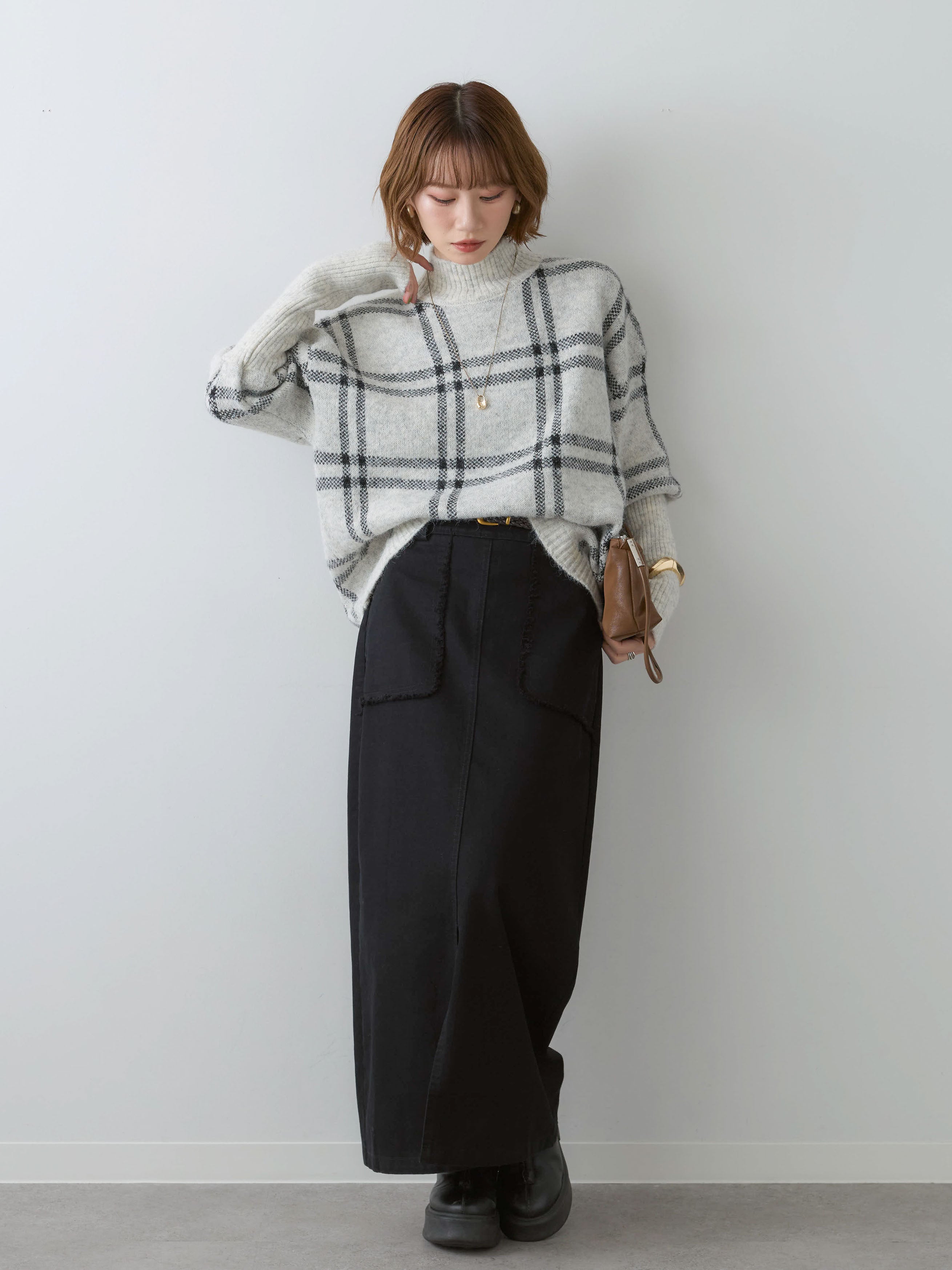 SET]チェック柄プルオーバー+ベルト付フリンジポケットIラインスカート