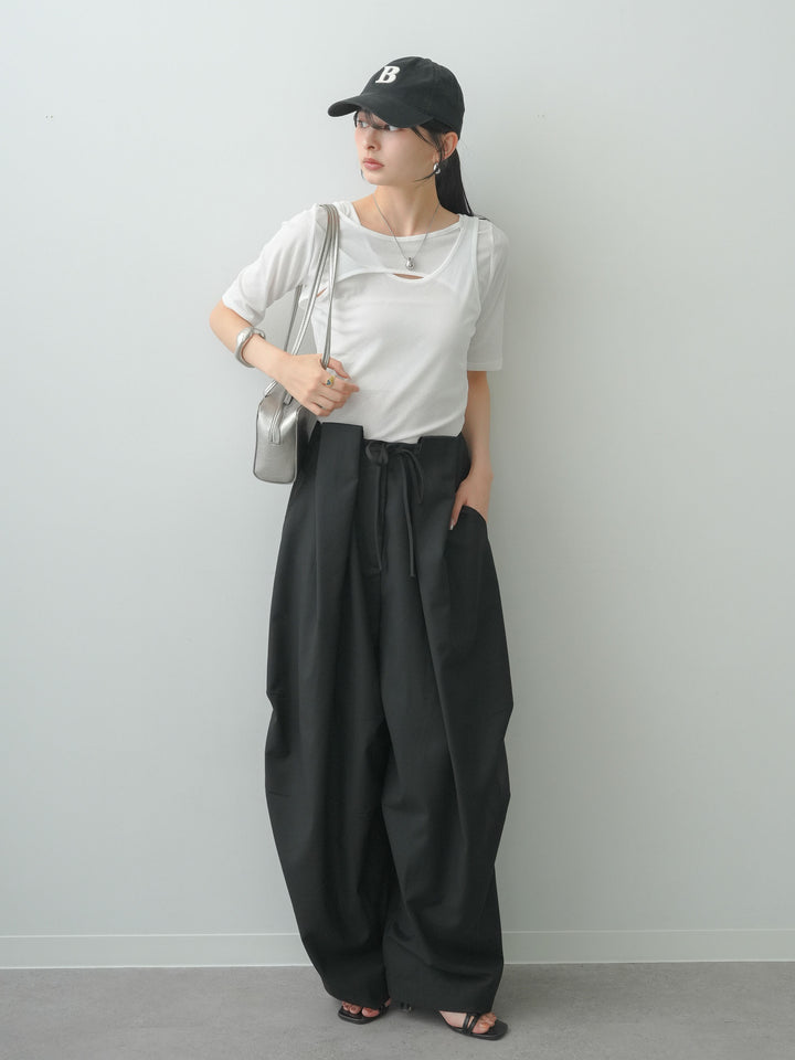 [SET]前後2wayシアーアシメレイヤード風TEE+ベルトループカーブタックワイドパンツ(2set)
