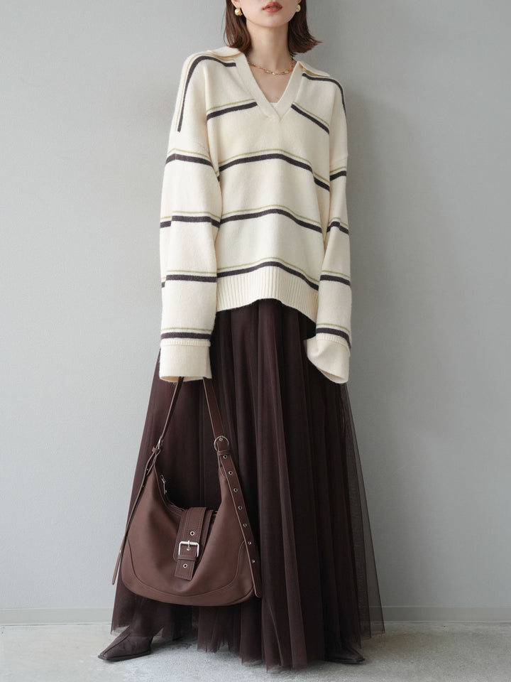 [SET]ポロ襟スキッパーボーダーニットプルオーバー+チュールボリュームスカート(2set)