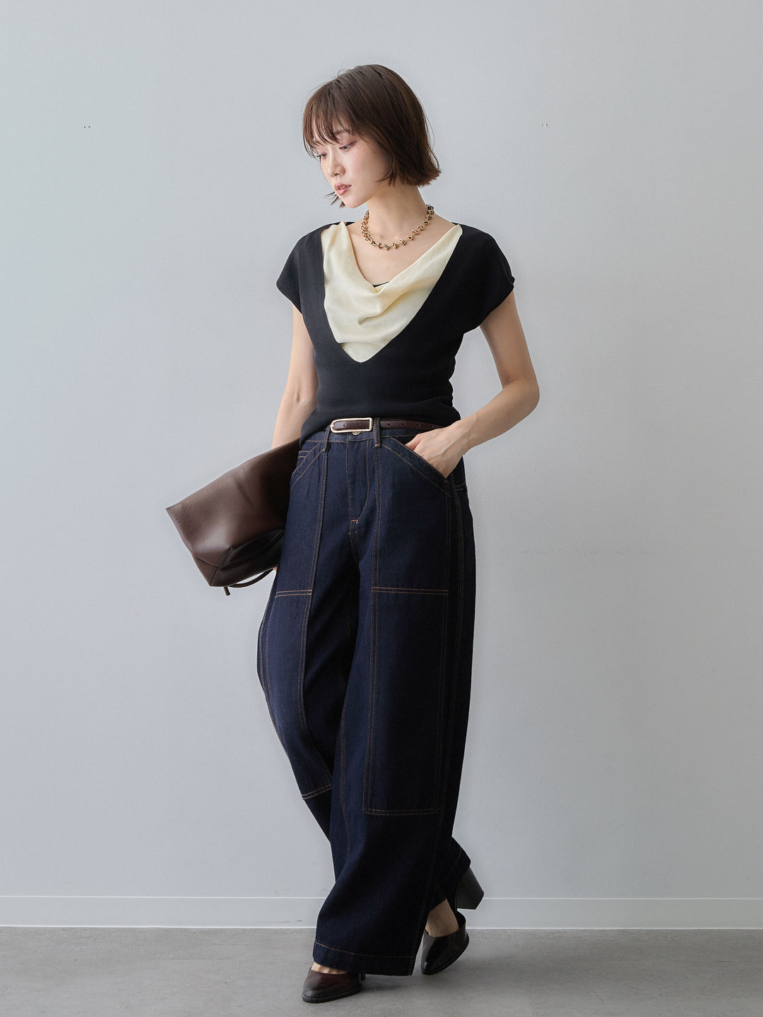 [予約]レイヤードデザインスリムフレンチニットトップス/black