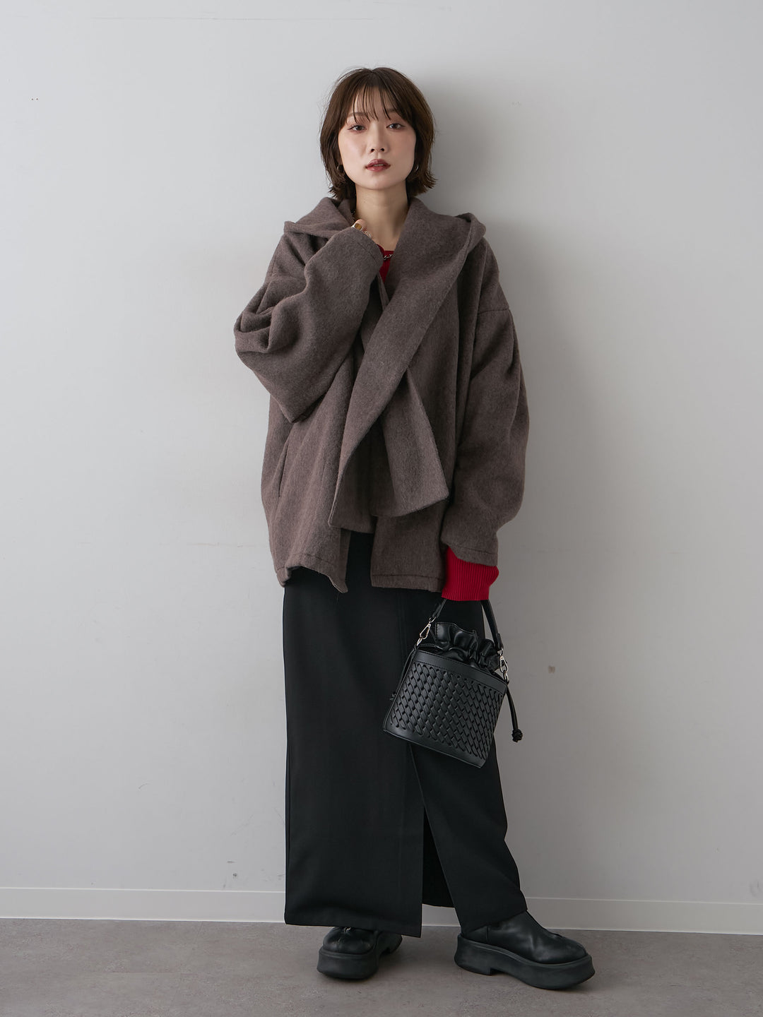 [予約]フードマフ付メランジコート/brown