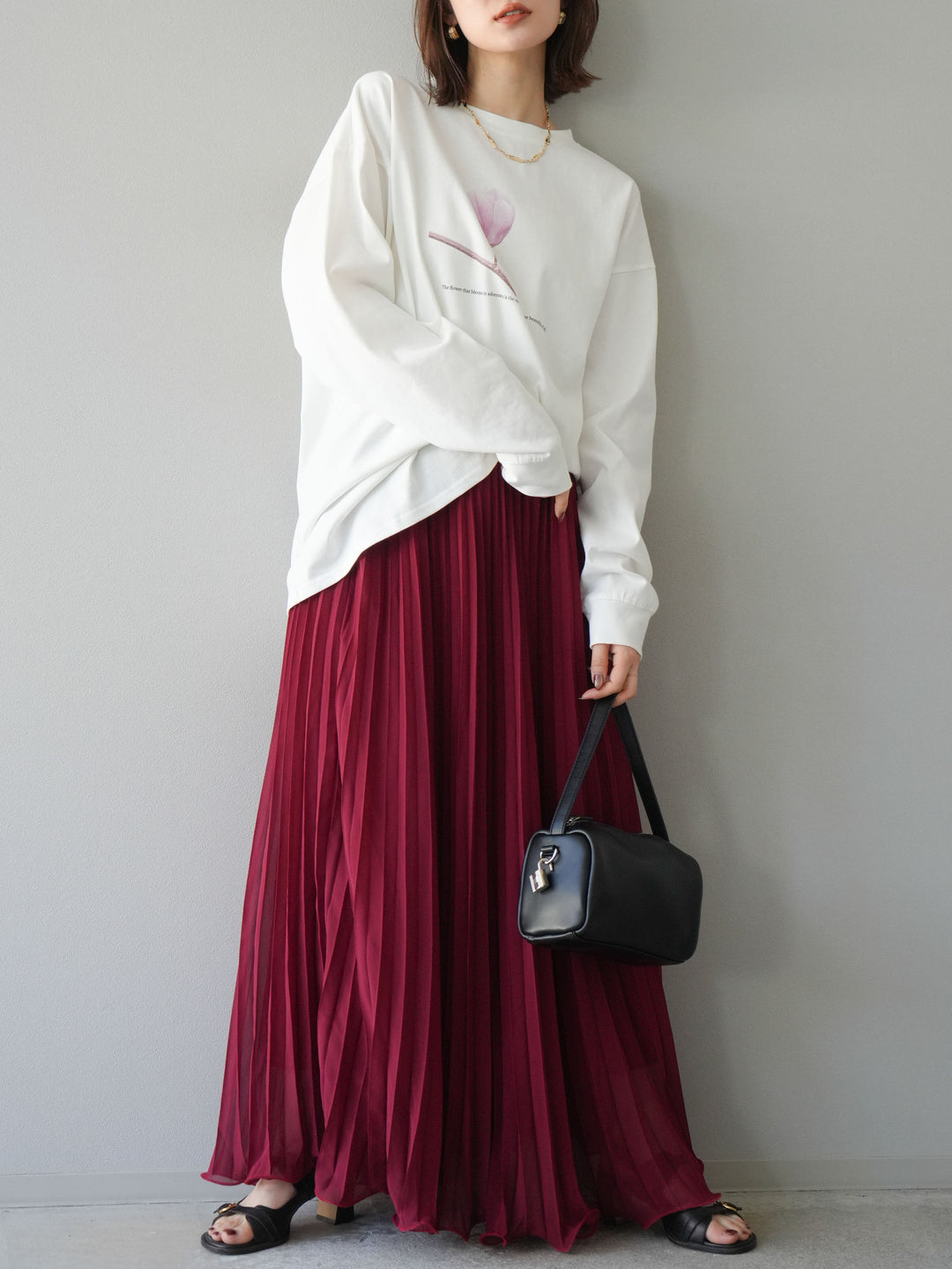 [予約]シフォンプリーツパイピングスカート/バーガンディ